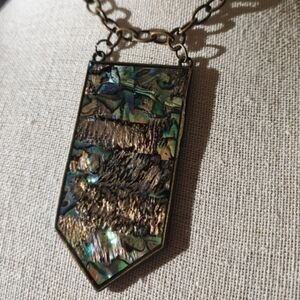Mosaic Tiled Sheet of Abalone Brass Tone Matte Hardware and Chain Necklace